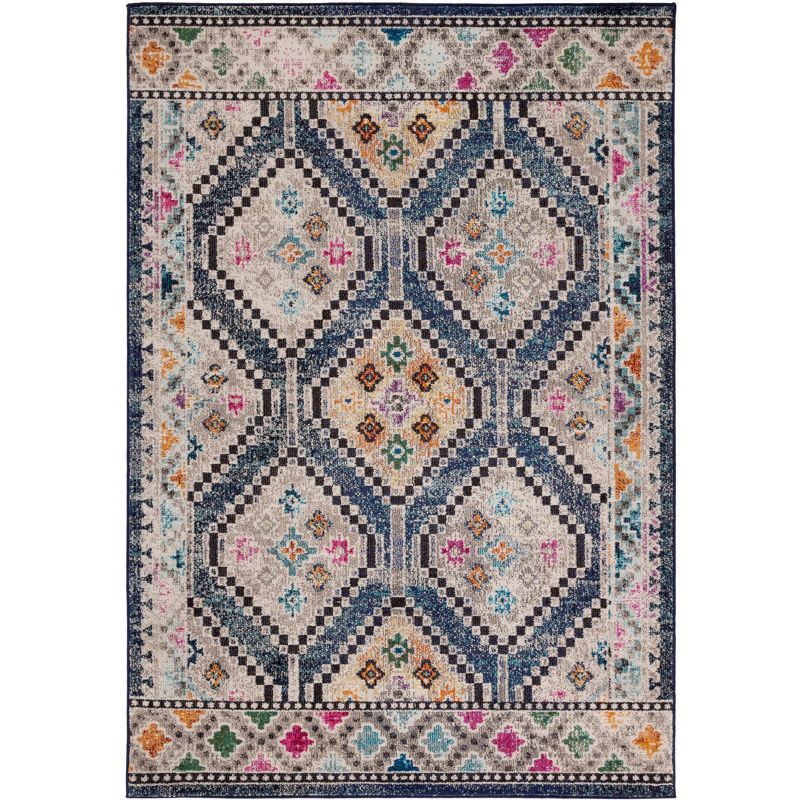 Navy and Beige Round Synthetic Non-slip Area Rug