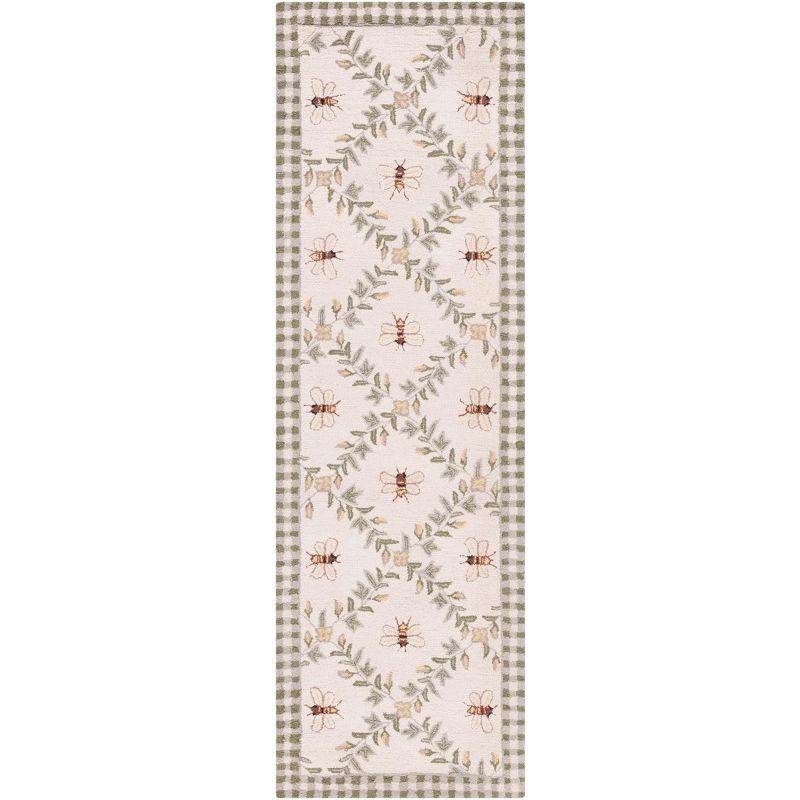 Ivory and Green Floral Wool Hand-Hooked Runner Rug