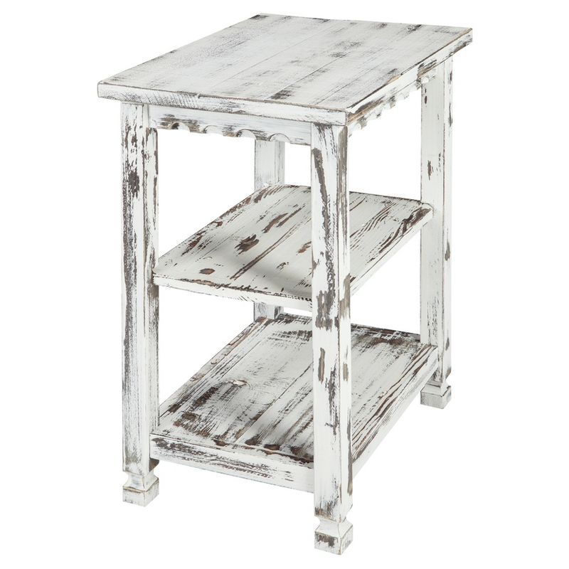 Rustic White Antique Finish 2-Shelf Wood End Table