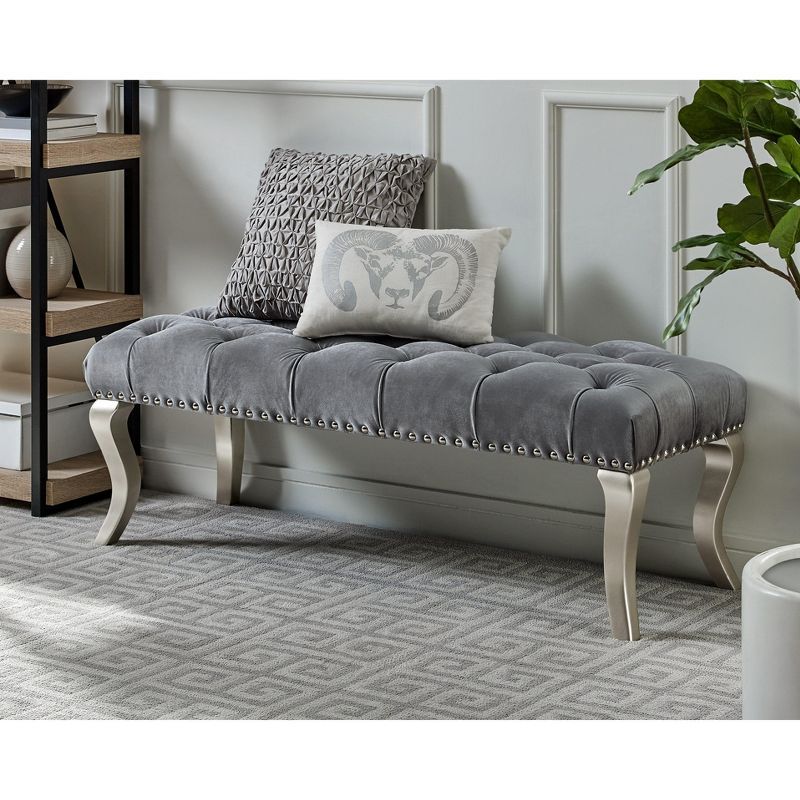Gray Velvet Tufted Upholstered Bench with Nailhead Trim