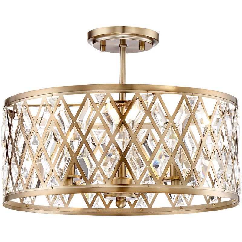 Satin Brass and Crystal Drum Semi-Flush Mount Ceiling Light