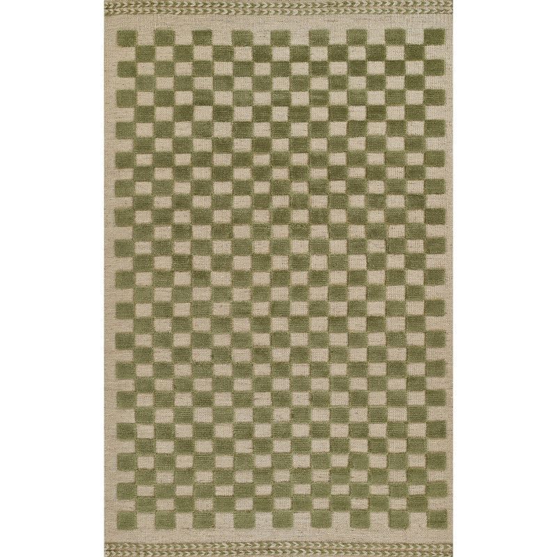 Handwoven Green and Beige Wool Checkered Rectangular Rug