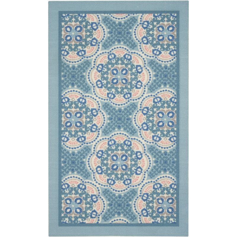 Blue Floral Rectangular Synthetic Indoor/Outdoor Rug