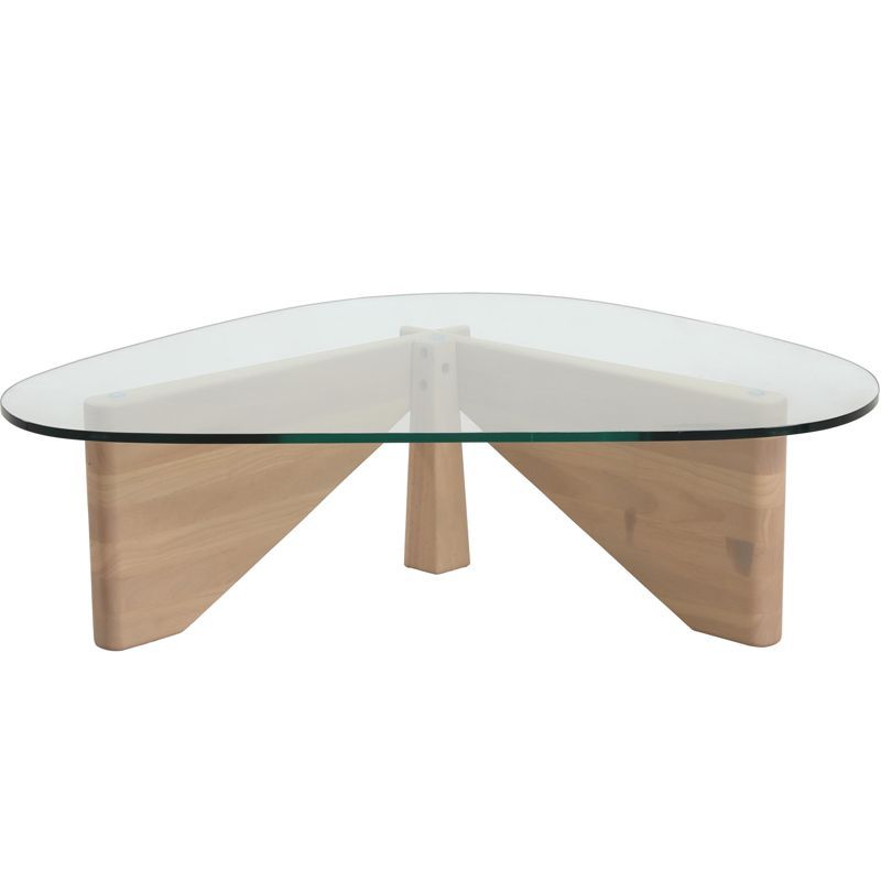 Natural Wood and Glass Triangular Coffee Table, 51.2" Length