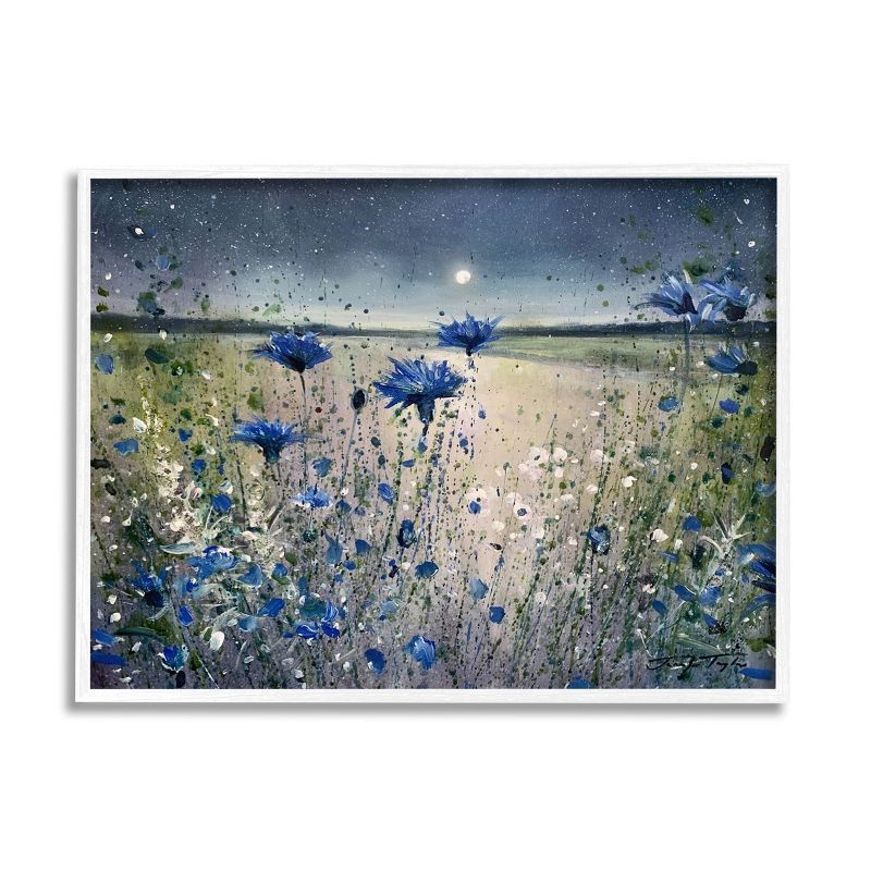 Blooming Blue Flowers Night Moon Landscape Canvas Print with White Frame