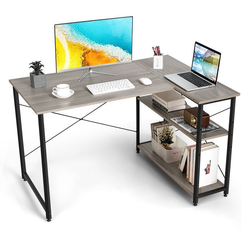 Gray 48'' L-Shaped Wood Computer Desk with Shelves