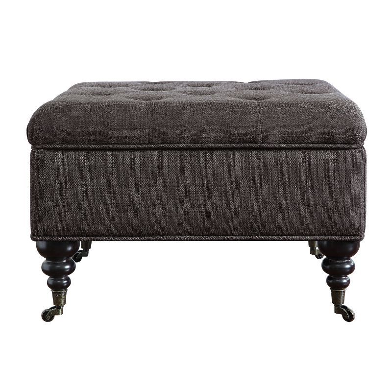 Charcoal Tufted Storage Ottoman with Turned Wood Legs