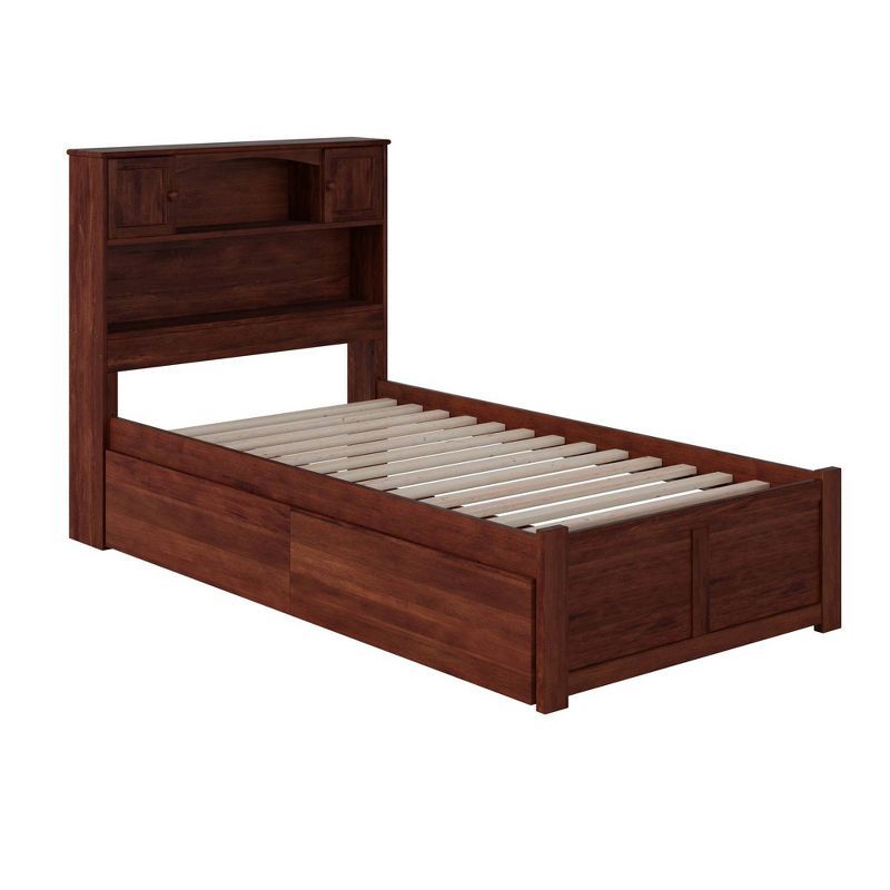 Newport Walnut Twin Platform Bed with Bookcase Headboard and Storage Drawers