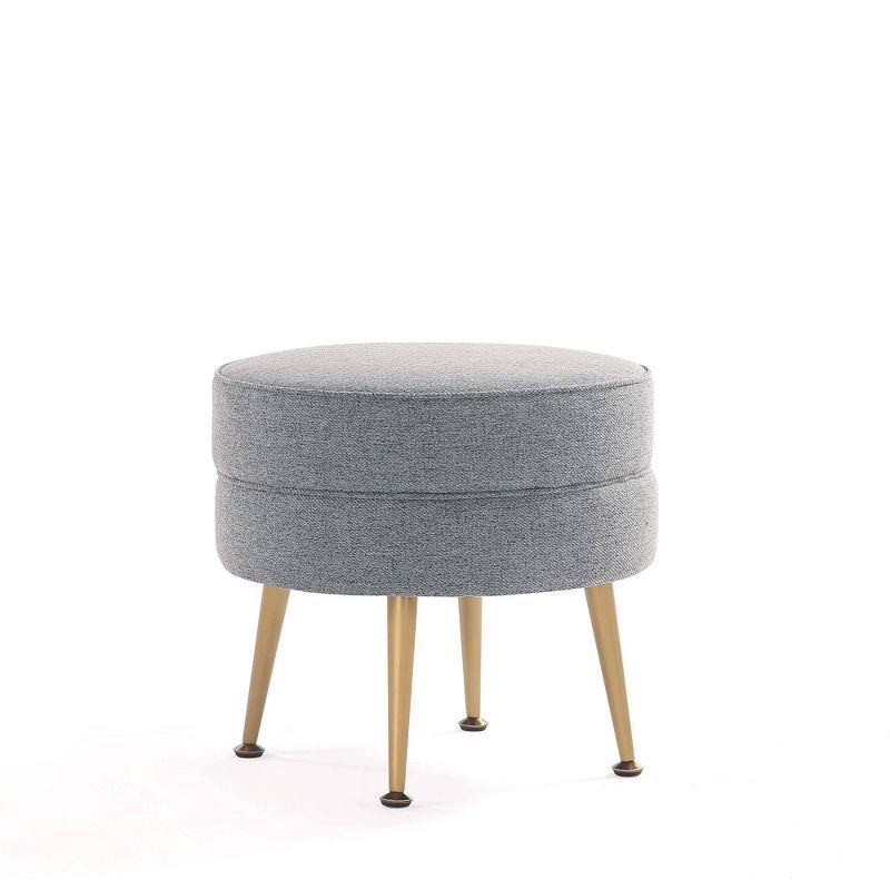 Bailey Round Gray Upholstered Ottoman with Gold Legs