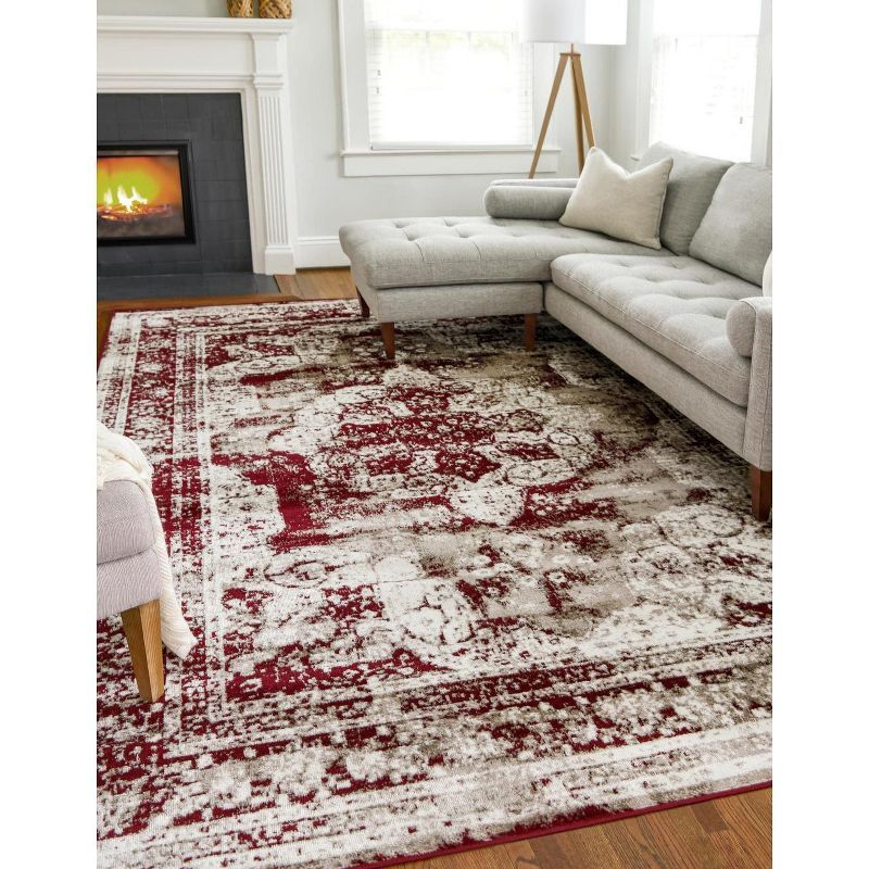 Burgundy and Tan Low Pile Synthetic Area Rug