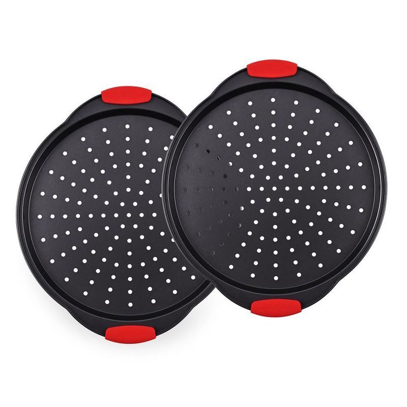 NutriChef 2-Piece Black Nonstick Pizza Tray with Red Silicone Handles