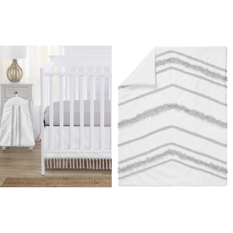 Boho Fringe White and Gray Cotton Baby Crib Bedding Set
