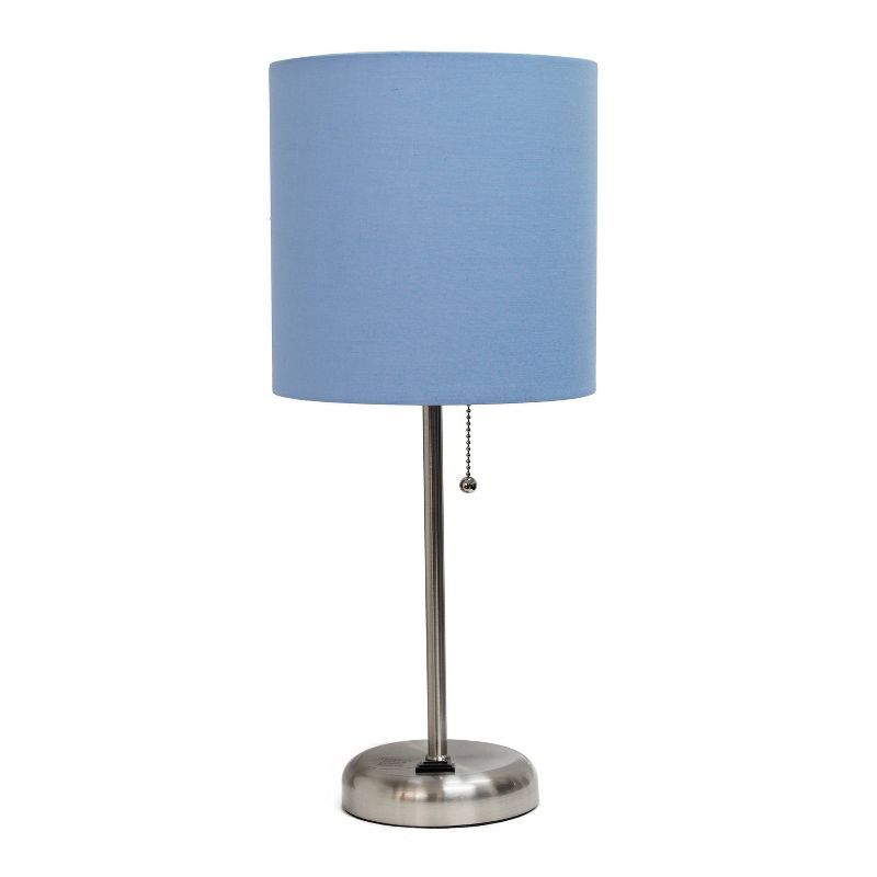 19.5" Brushed Steel Table Lamp with Blue Fabric Shade and Power Outlet