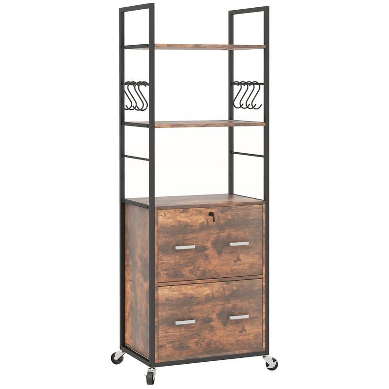 Rustic Brown 2 Drawer Mobile File Cabinet with Lock and Shelves