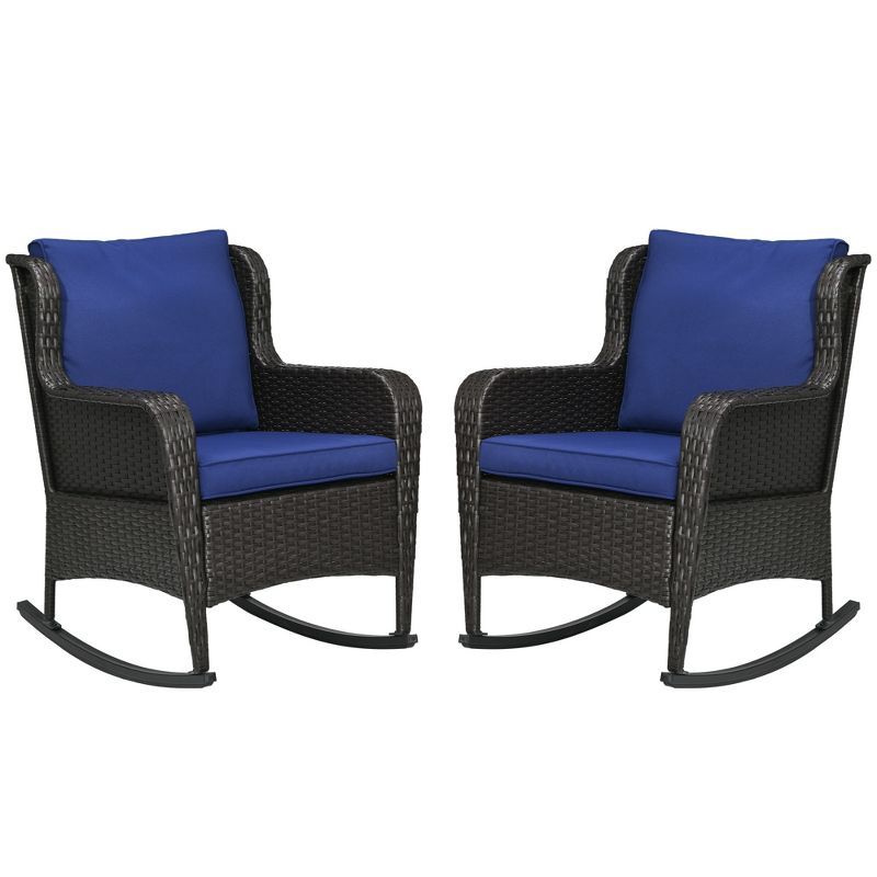 Dark Blue Wicker Outdoor Rocking Chairs with Cushions, Set of 2