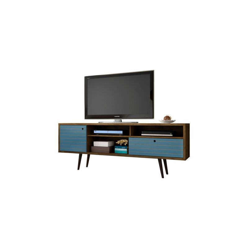 Mid-Century Modern Brown and Blue TV Stand with Cabinet