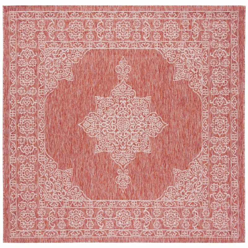 Rust and Ivory Square Synthetic Indoor/Outdoor Rug