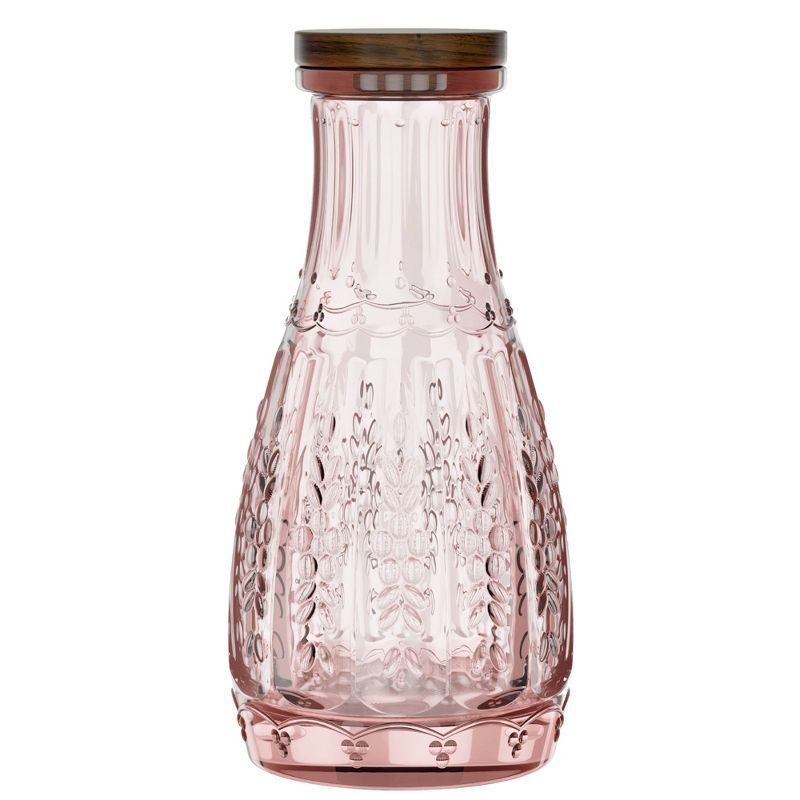 Pink Embossed Glass Carafe with Wood Lid, 1 Liter