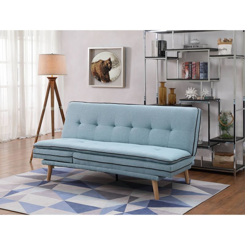 72" Blue Linen Tufted Sleeper Sofa with Oak Wood Legs