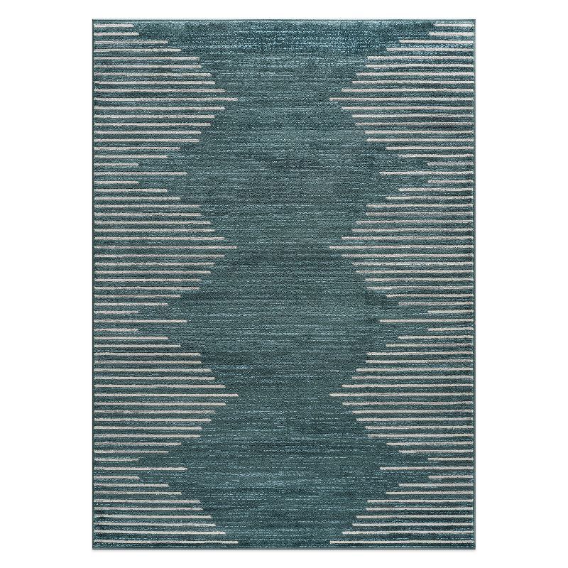 Teal and White Stripe Synthetic 5' x 7' Area Rug