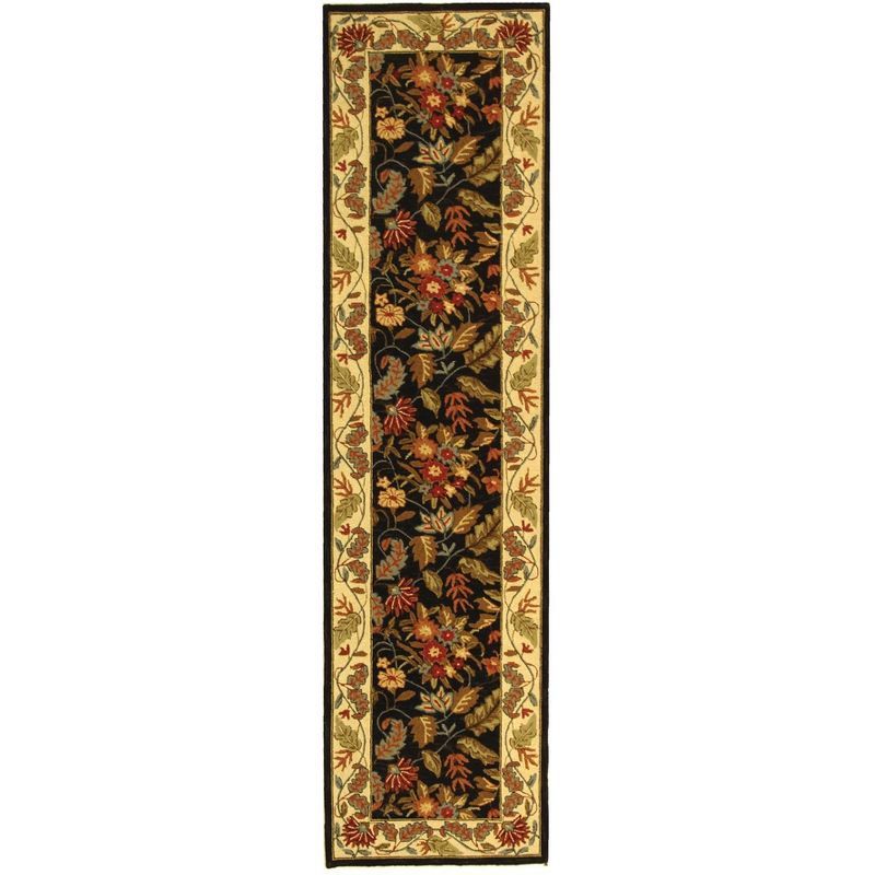 Elegant Floral Hand-Knotted Wool Rug in Black - 30" x 18"