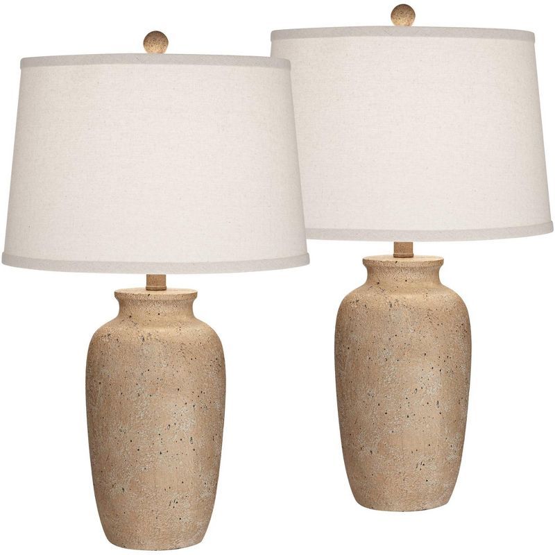 Rustic Beige Ceramic Table Lamps with Oatmeal Shades, Set of 2