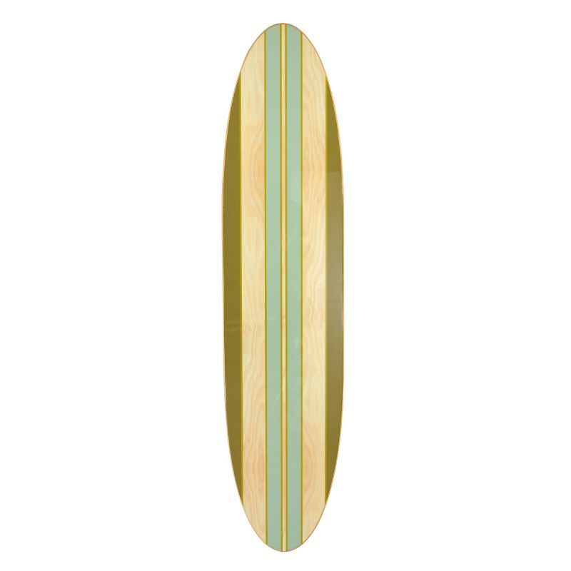 Green and Light Brown Striped Wooden Surfboard Wall Decor