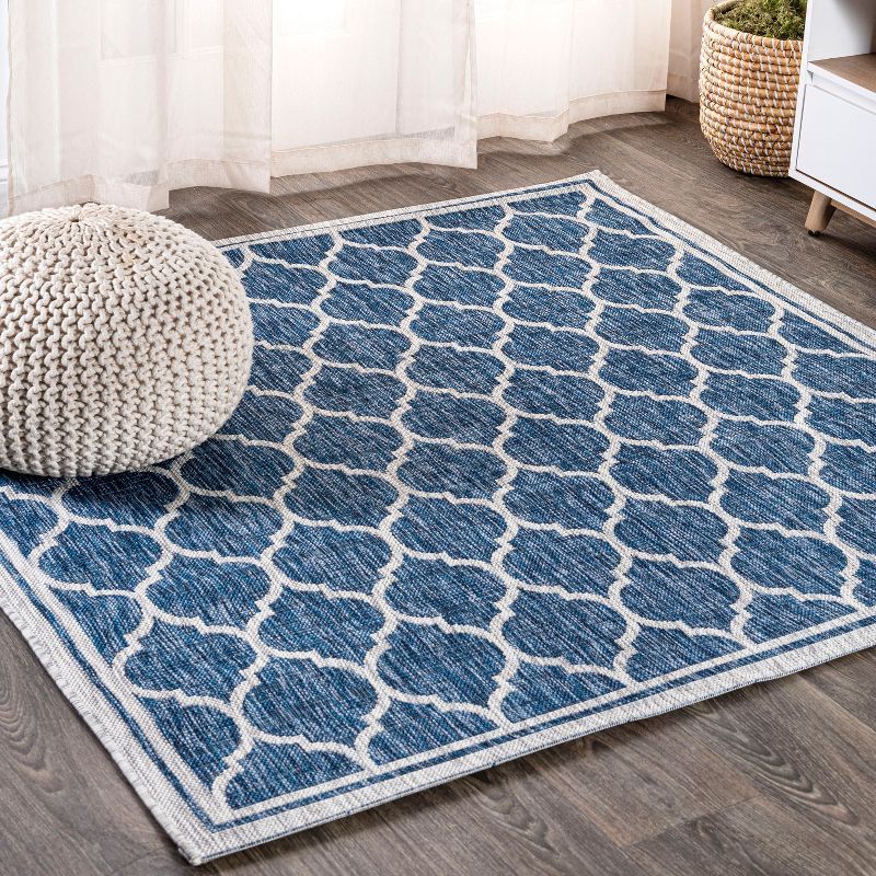 Navy & Gray Synthetic Geometric Square Indoor/Outdoor Rug - 5'