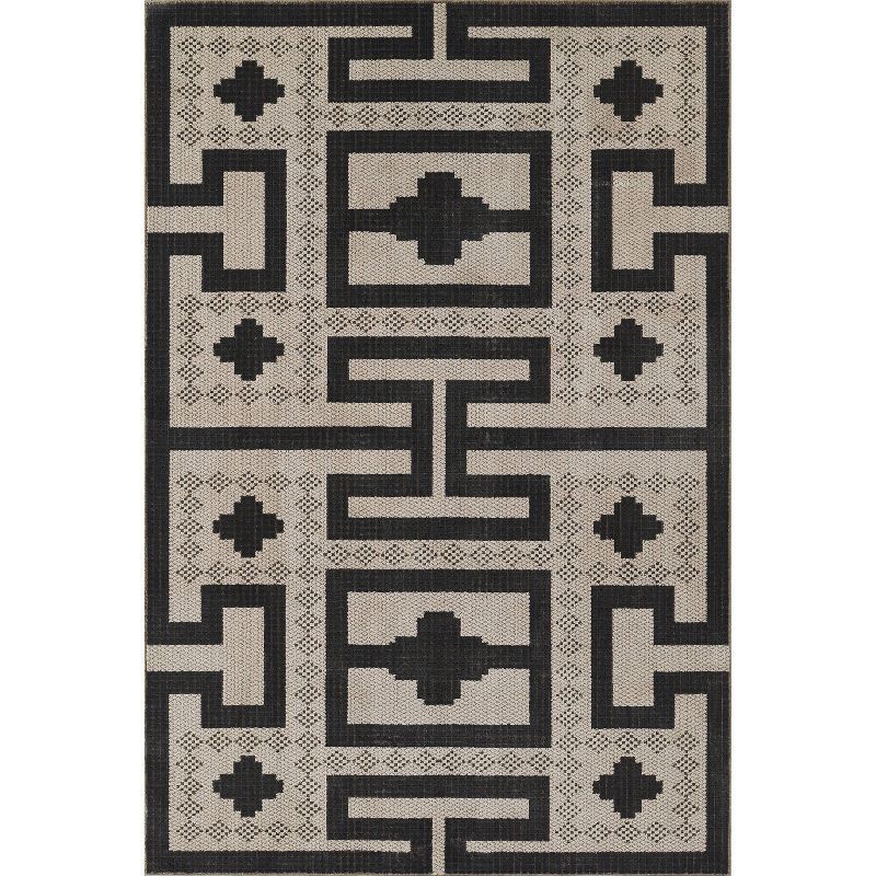 Large Black and Ivory Geometric Synthetic Area Rug