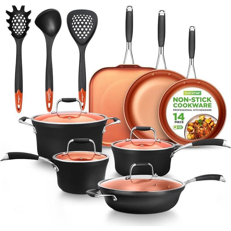 NutriChef 14-Piece Copper Non-Stick Aluminum Cookware Set