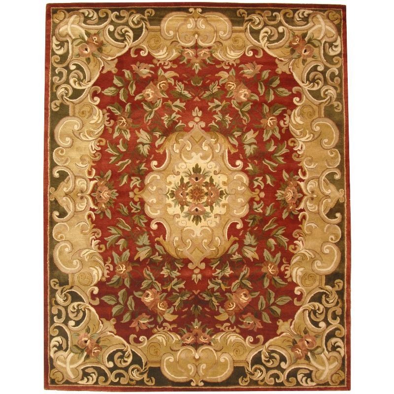 Hand-Tufted Persian-Inspired Rust and Green Wool Area Rug, 8'3" x 11'