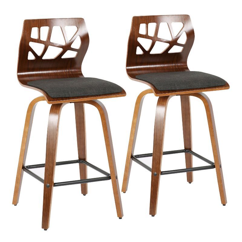 Set of 2 Charcoal Upholstered Folia Mid-Century Modern Walnut Barstools