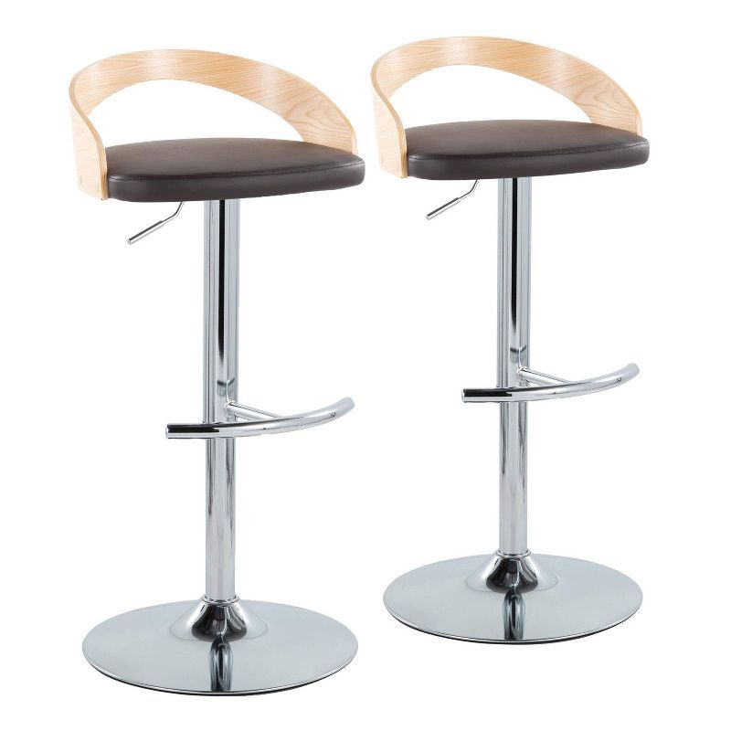 Set of 2 Adjustable Swivel Barstools with Black Leather Seat and Wood Back