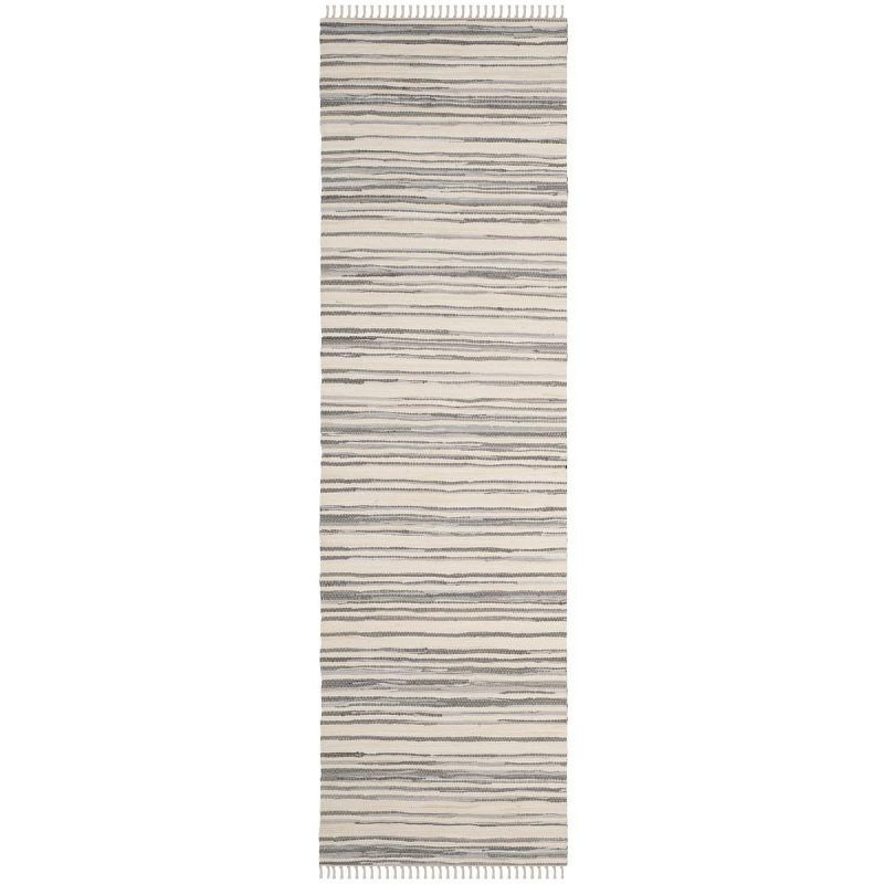 Ivory and Grey Stripe Hand-Woven Wool Cotton Runner Rug - 2'3" x 7'