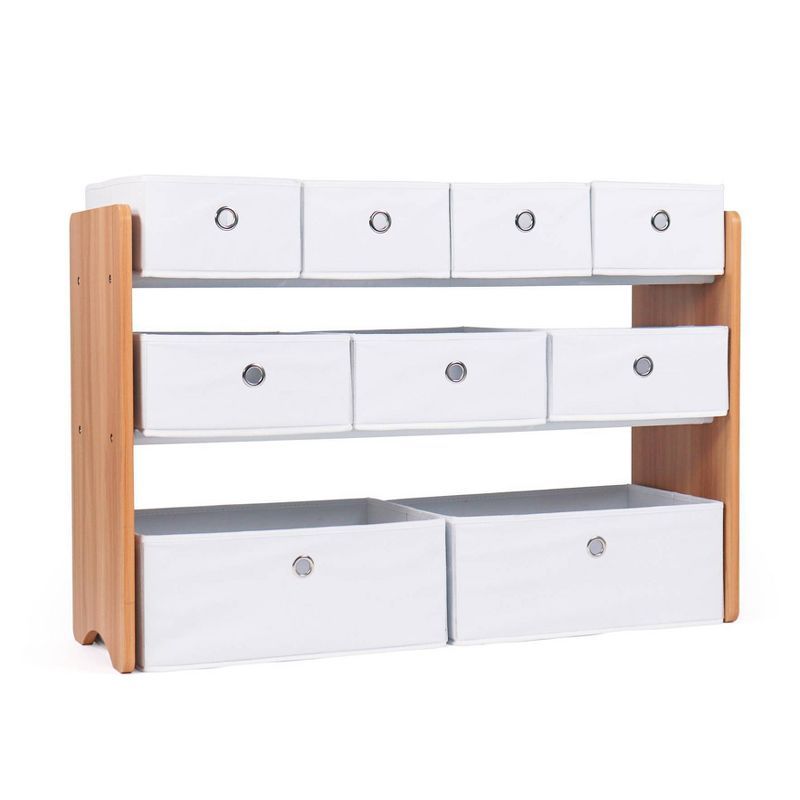 Natural Wood and White 3-Tier Toy Storage Organizer with 9 Fabric Bins