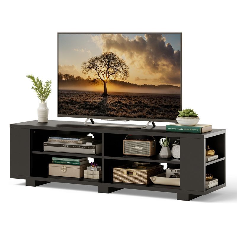 Black Engineered Wood TV Stand with Adjustable Shelves and Cabinets