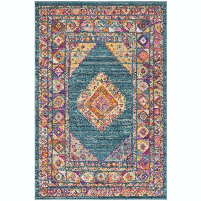 Light Blue and Orange Synthetic Easy Care Area Rug, 6' x 9'