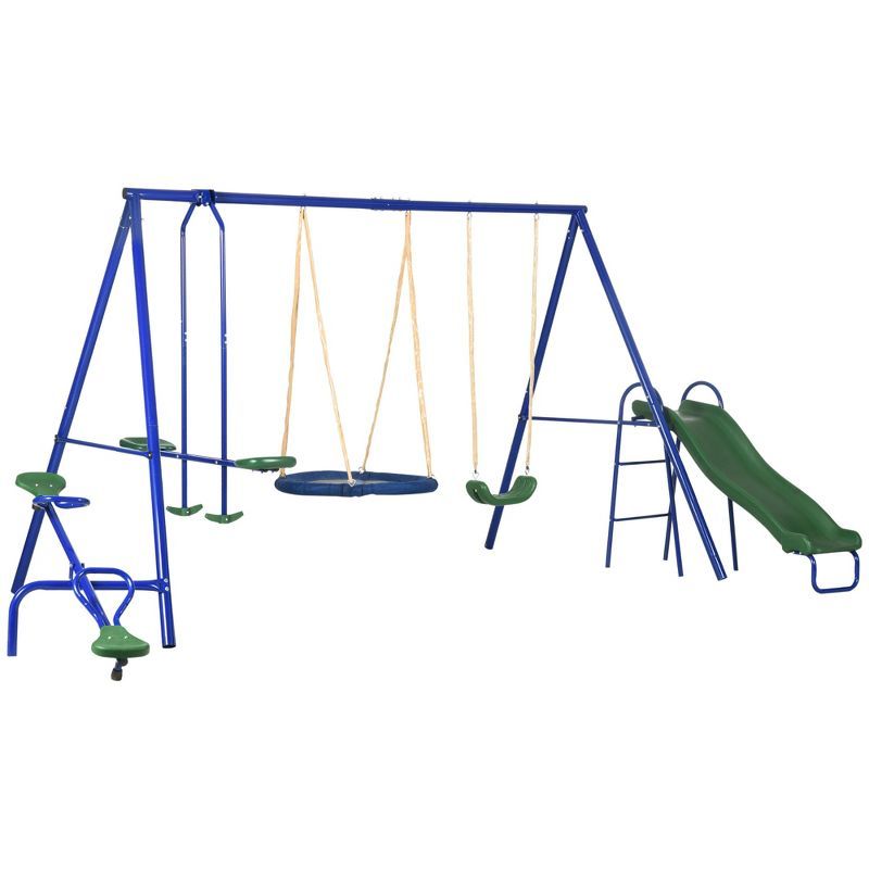 Outsunny Blue 5-in-1 Metal Swing Set with Slide and Seesaw