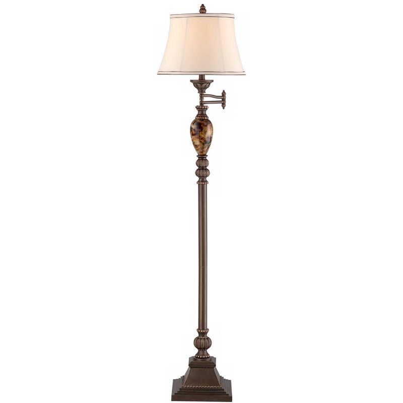 Bronze Adjustable Swing Arm Floor Lamp with Faux Silk Shade