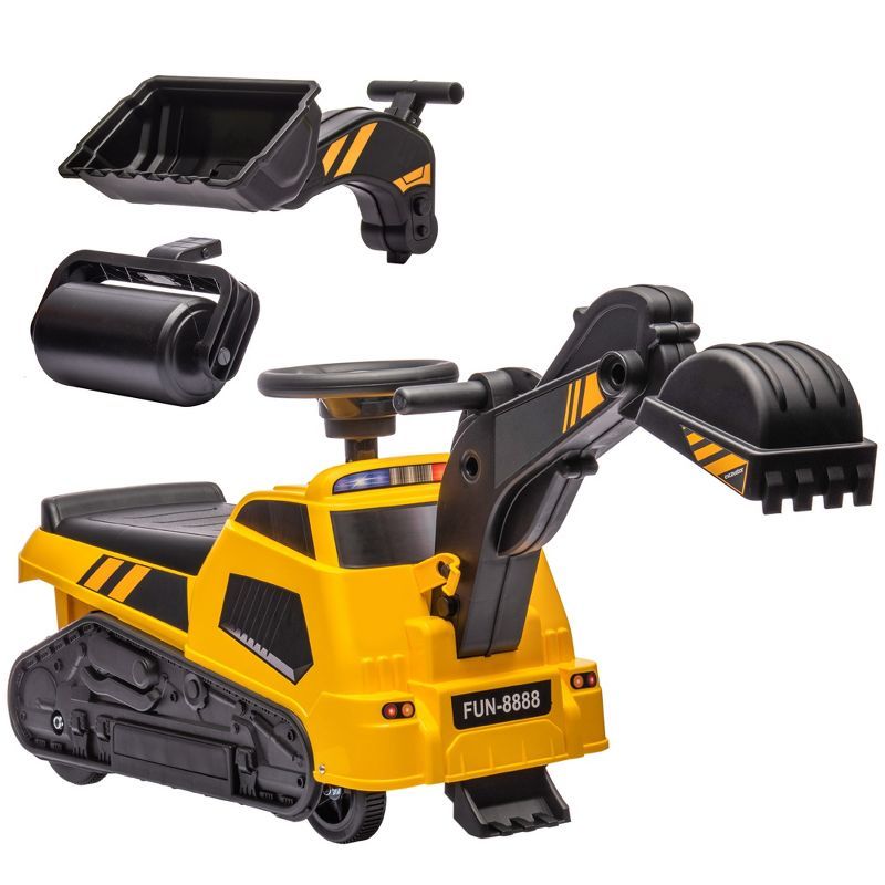 Yellow 3-in-1 Ride-On Excavator Bulldozer with Music