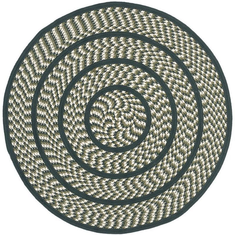 Ivory and Dark Green Braided 59'' Round Synthetic Area Rug