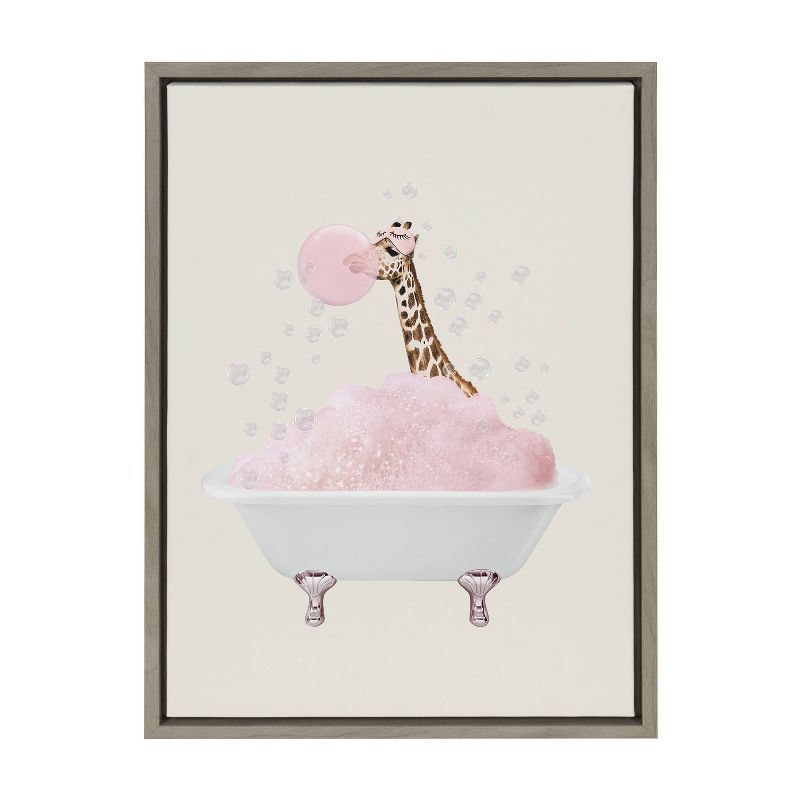 Gray Framed Canvas Wall Art with Giraffe in Bath, 18x24