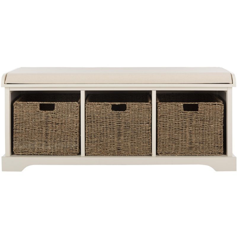 White Pine Storage Bench with Wicker Baskets and Cushion