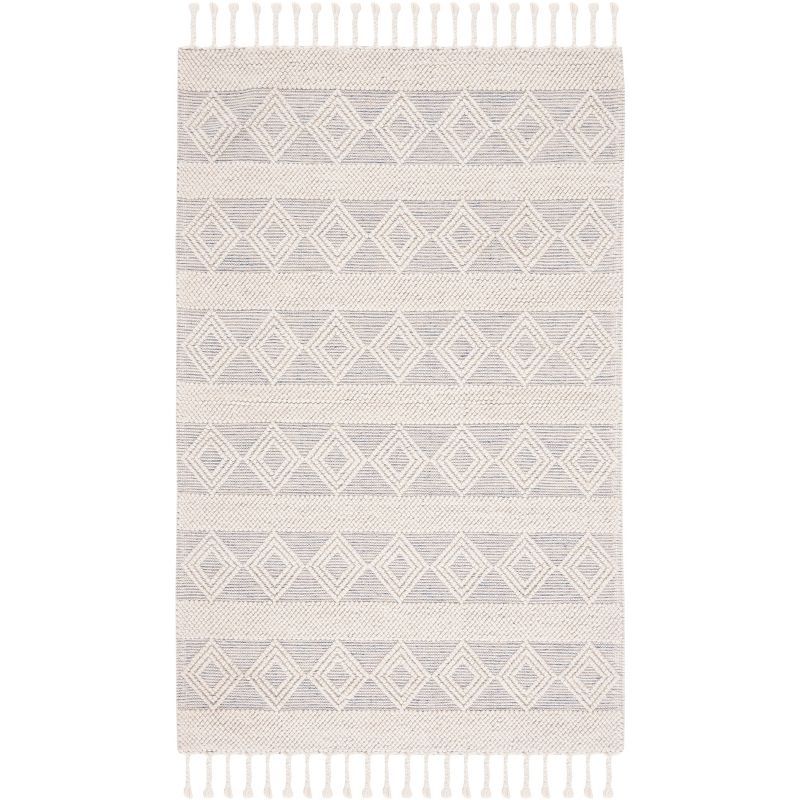 Ivory and Beige Handwoven Wool Area Rug with Fringe