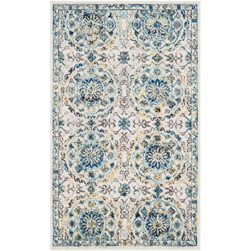 Ivory and Blue High Pile Synthetic Area Rug