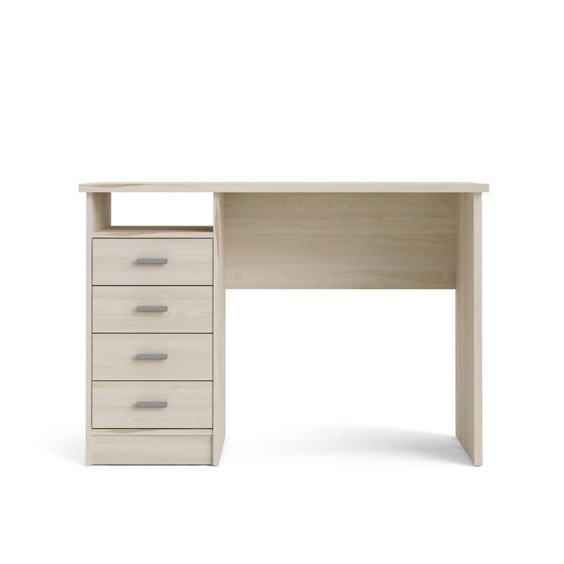 Scandinavian Light Woodgrain Desk with Four Drawers and Open Shelf