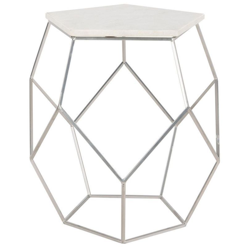 Transitional Hexagonal 18" Silver Stone & Metal Side Table