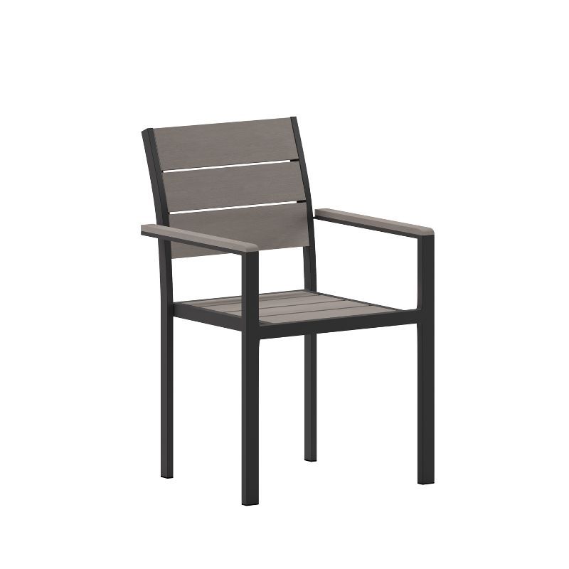 Gray Faux Teak Poly Slat Outdoor Dining Chair with Black Metal Frame