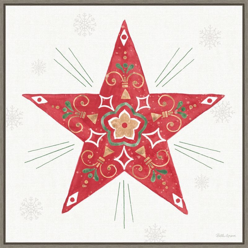 Christmas Charm Red Star Canvas Wall Art with Grey Frame