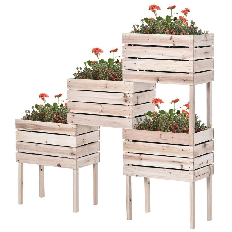 Natural Fir Wood 4-Piece Raised Garden Bed Planter Set